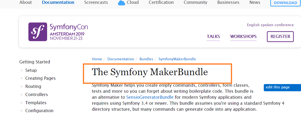 Symfony – MakerBundle” which is currently not installed.