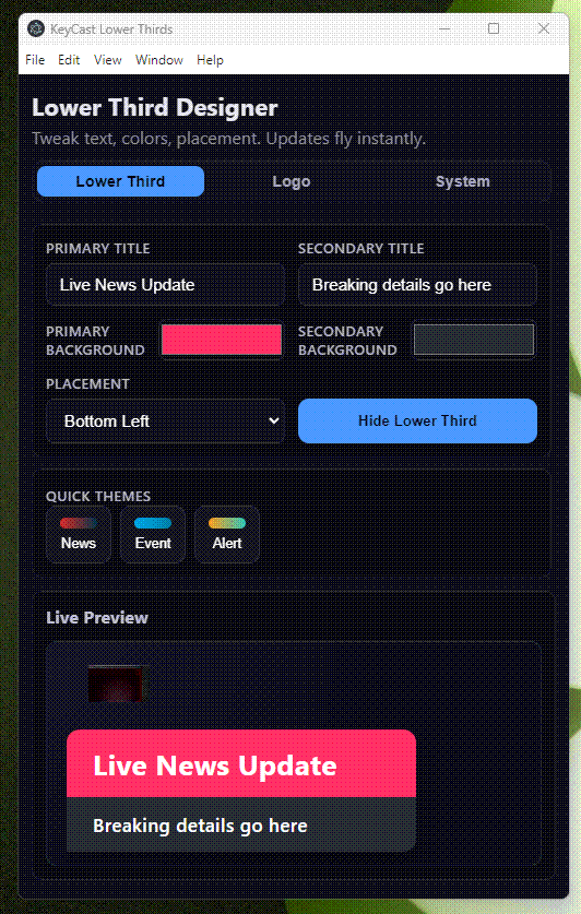 Built a new toy: KeyCast Lower Thirds—Electron + React app for instant lower-third graphics