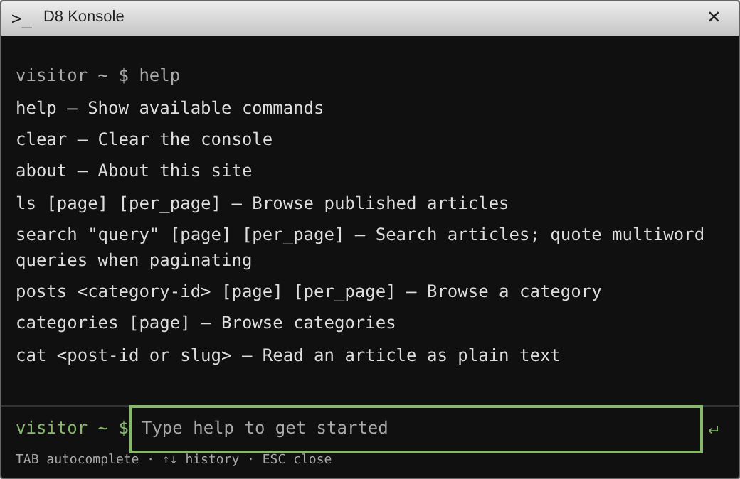 D8 Konsole command reference and keyboard shortcuts